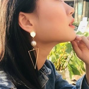 Gold Triangle Pearl Dangle Earrings Geometric
